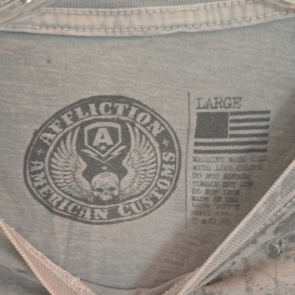 Affliction Men's Distressed Blue and Gray Long Sleeve Tee - Picture 2 of 8